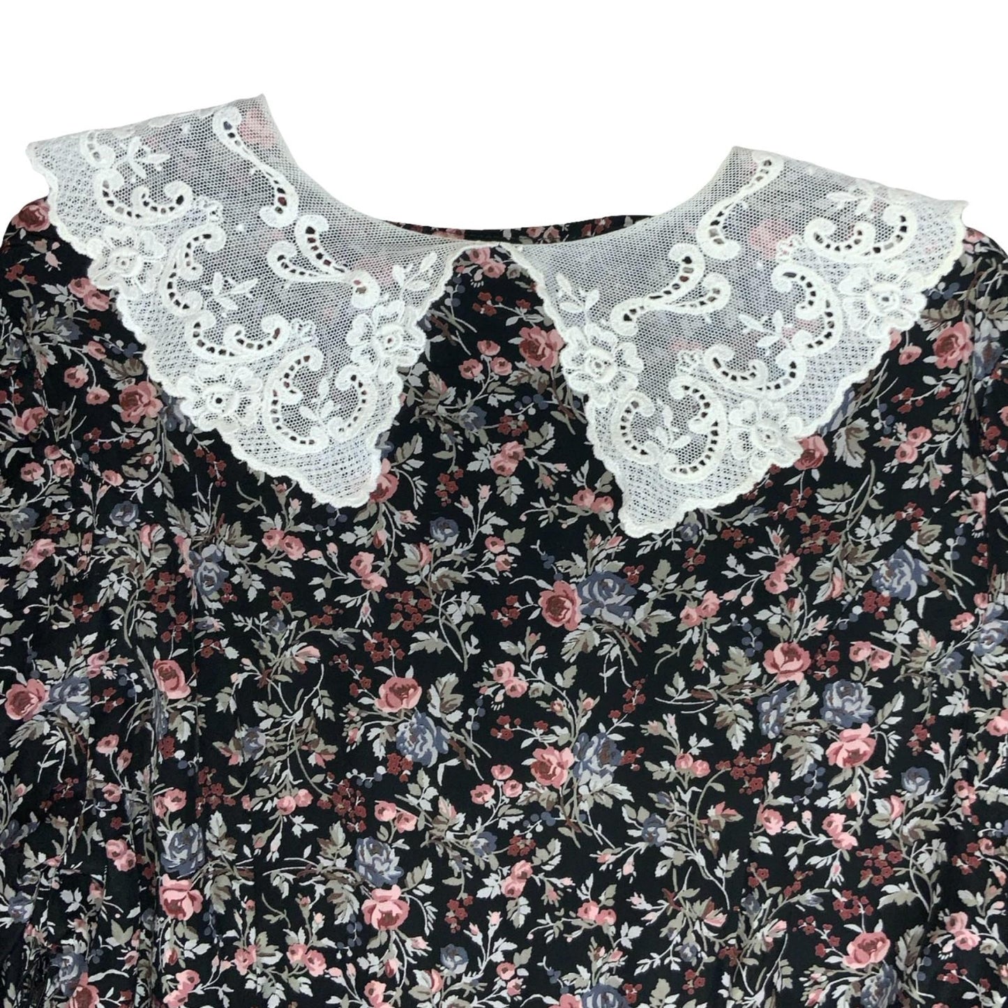 80s 'Laura Ashley' Black Floral Cottage Lace Collar Autumnal Midi Dress UK 8