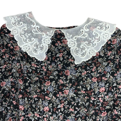 80s 'Laura Ashley' Black Floral Cottage Lace Collar Autumnal Midi Dress UK 8