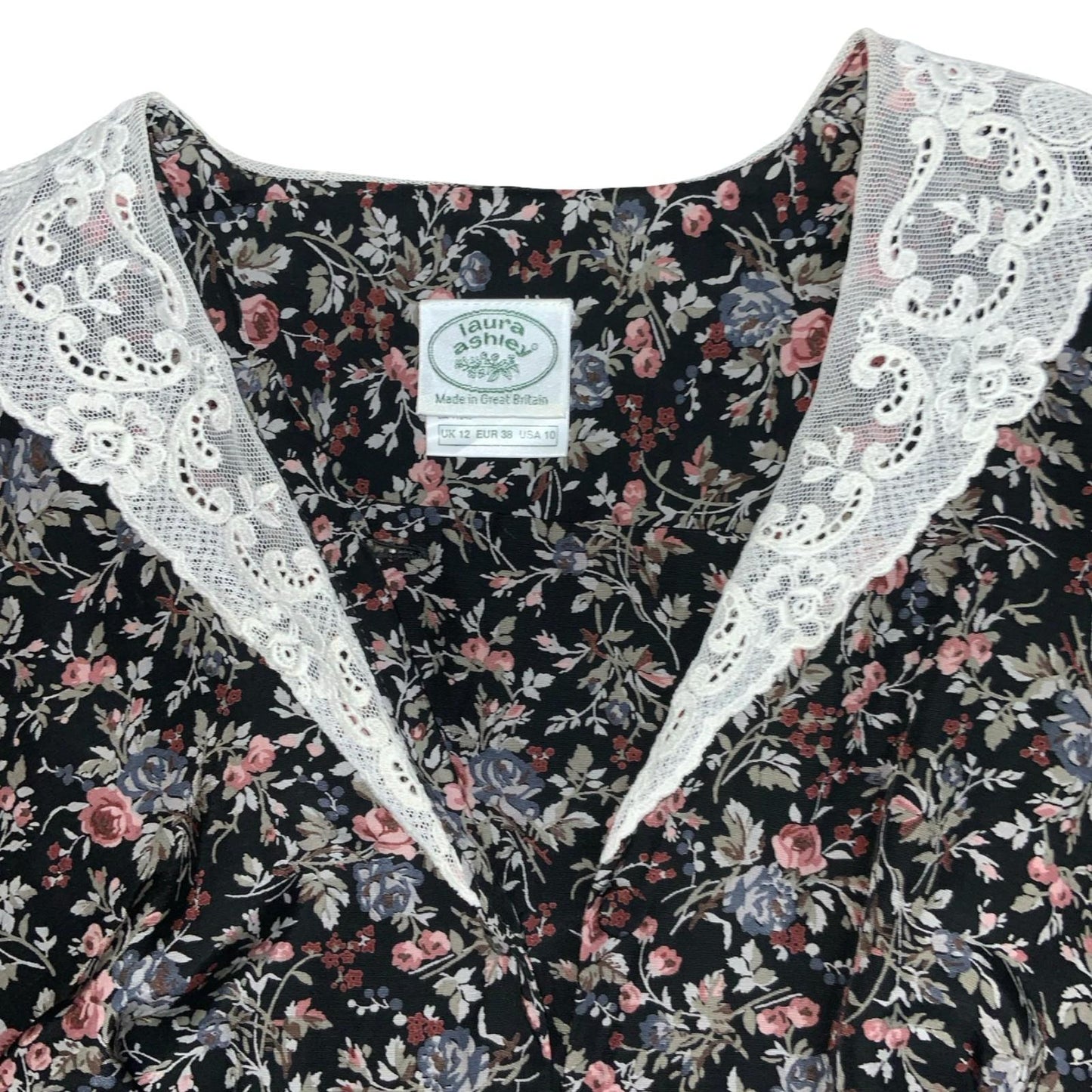80s 'Laura Ashley' Black Floral Cottage Lace Collar Autumnal Midi Dress UK 8