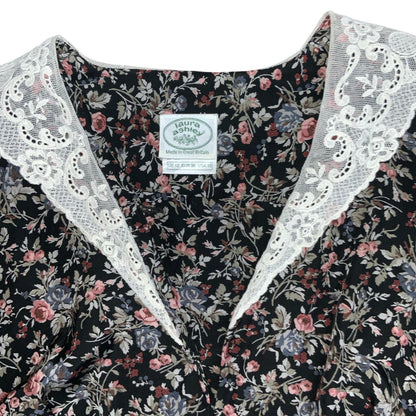 80s 'Laura Ashley' Black Floral Cottage Lace Collar Autumnal Midi Dress UK 8