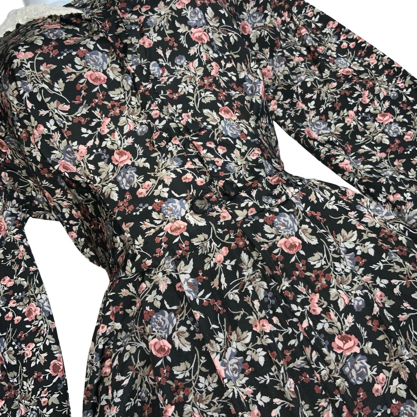 80s 'Laura Ashley' Black Floral Cottage Lace Collar Autumnal Midi Dress UK 8