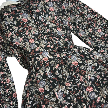 80s 'Laura Ashley' Black Floral Cottage Lace Collar Autumnal Midi Dress UK 8