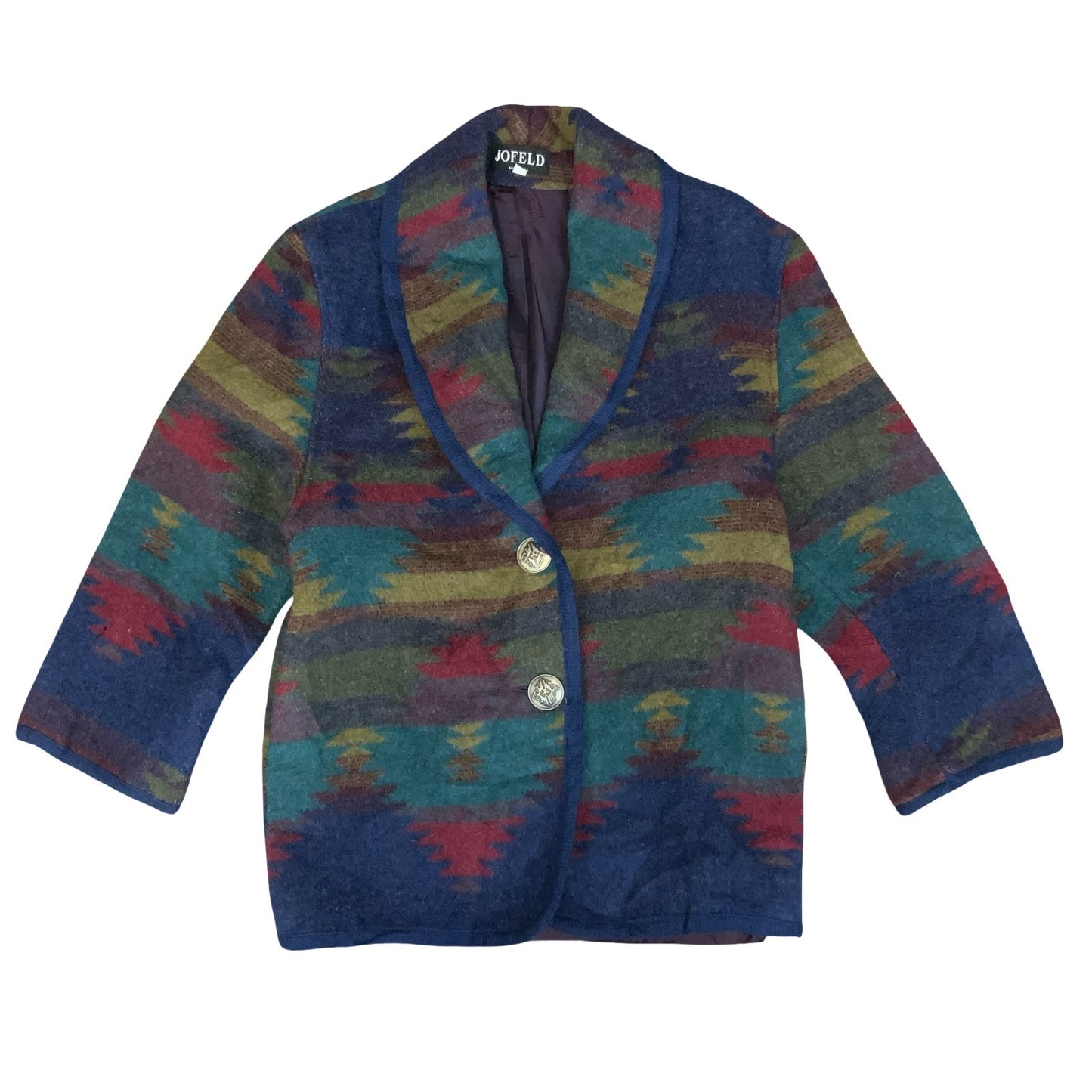 Vtg 'Jofeld' Womens Aztec Print Purple Blue Multicoloured Southwestern Coat M