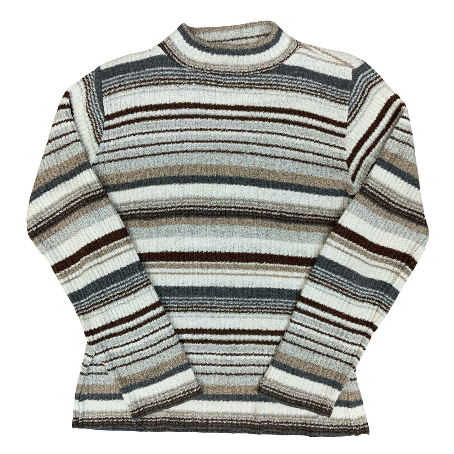 90s Y2K 'Orsay' Ladies Striped Grey Brown White High Neck Knit Petite Sweater S