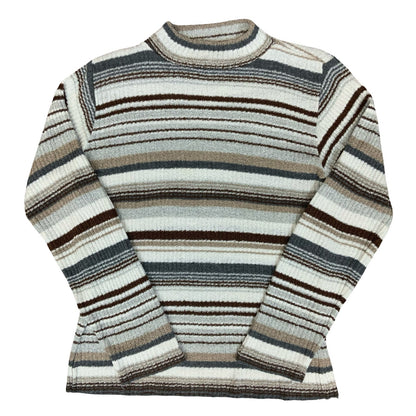 90s Y2K 'Orsay' Ladies Striped Grey Brown White High Neck Knit Petite Sweater S