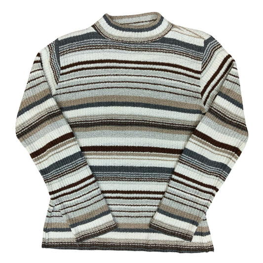 90s Y2K 'Orsay' Ladies Striped Grey Brown White High Neck Knit Petite Sweater S