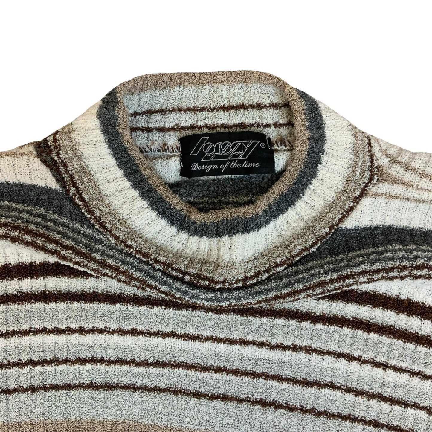 90s Y2K 'Orsay' Ladies Striped Grey Brown White High Neck Knit Petite Sweater S