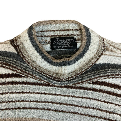 90s Y2K 'Orsay' Ladies Striped Grey Brown White High Neck Knit Petite Sweater S