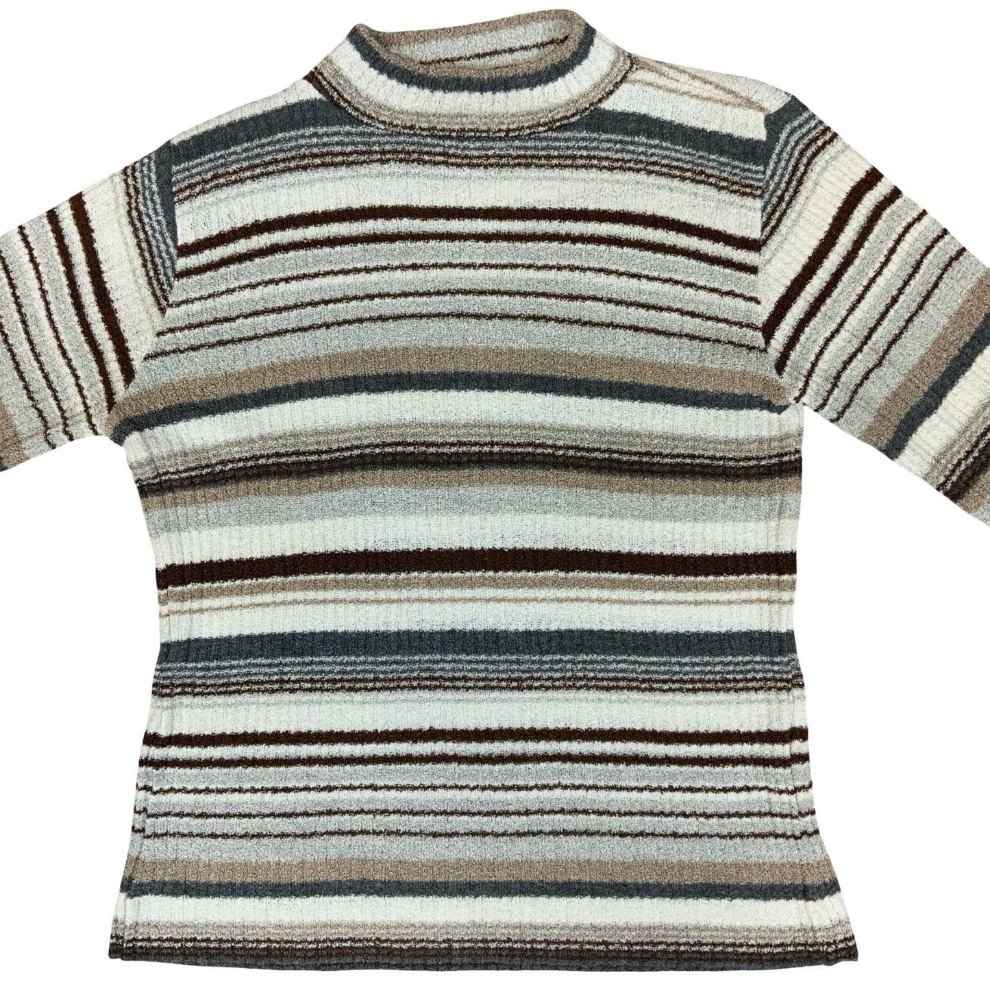 90s Y2K 'Orsay' Ladies Striped Grey Brown White High Neck Knit Petite Sweater S