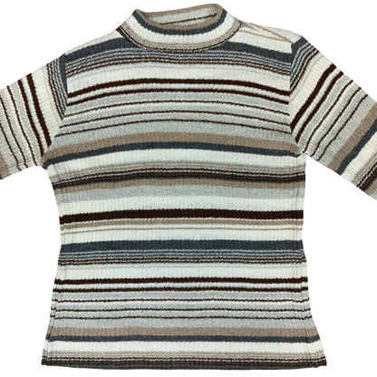 90s Y2K 'Orsay' Ladies Striped Grey Brown White High Neck Knit Petite Sweater S
