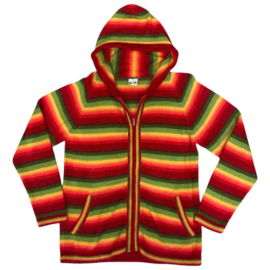 J.P.S Art Corporation Boho Multicoloured Rasta Alpaca Wool Zip-Up Knit Hoodie M