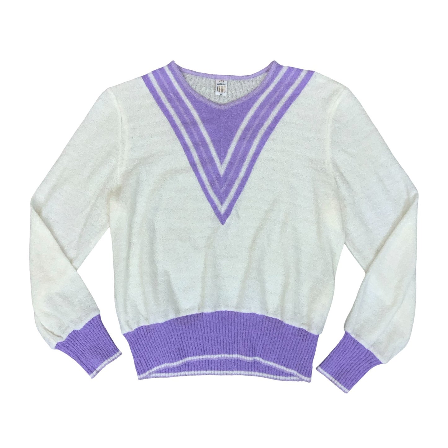 1980s 'Gestrickter CHIC' White Purple Stripe Knit Lightweight Sport Sweater M