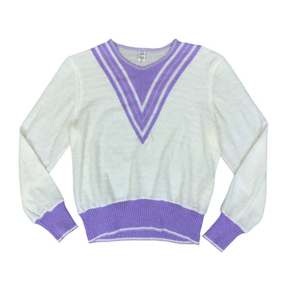 1980s 'Gestrickter CHIC' White Purple Stripe Knit Lightweight Sport Sweater M