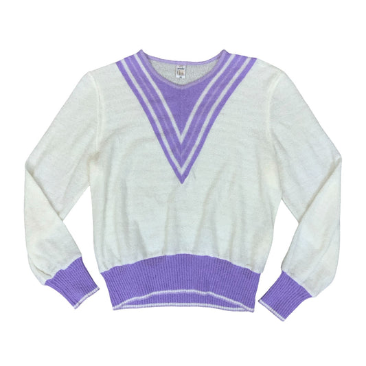 1980s 'Gestrickter CHIC' White Purple Stripe Knit Lightweight Sport Sweater M