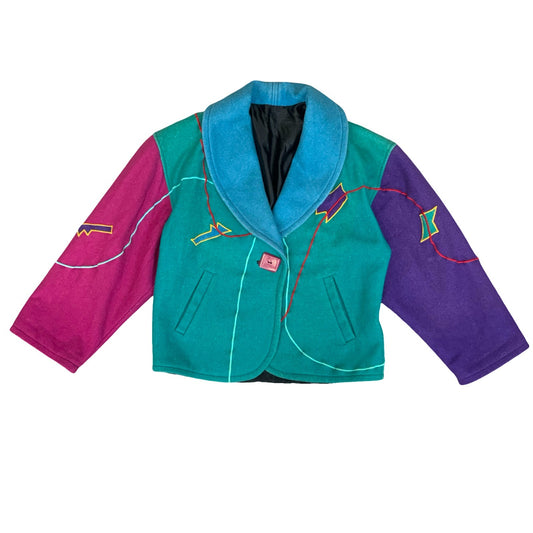 80s 'Cindy Owings Designs' UNIQUE Colourful Wool Embroidered Geometric Jacket M