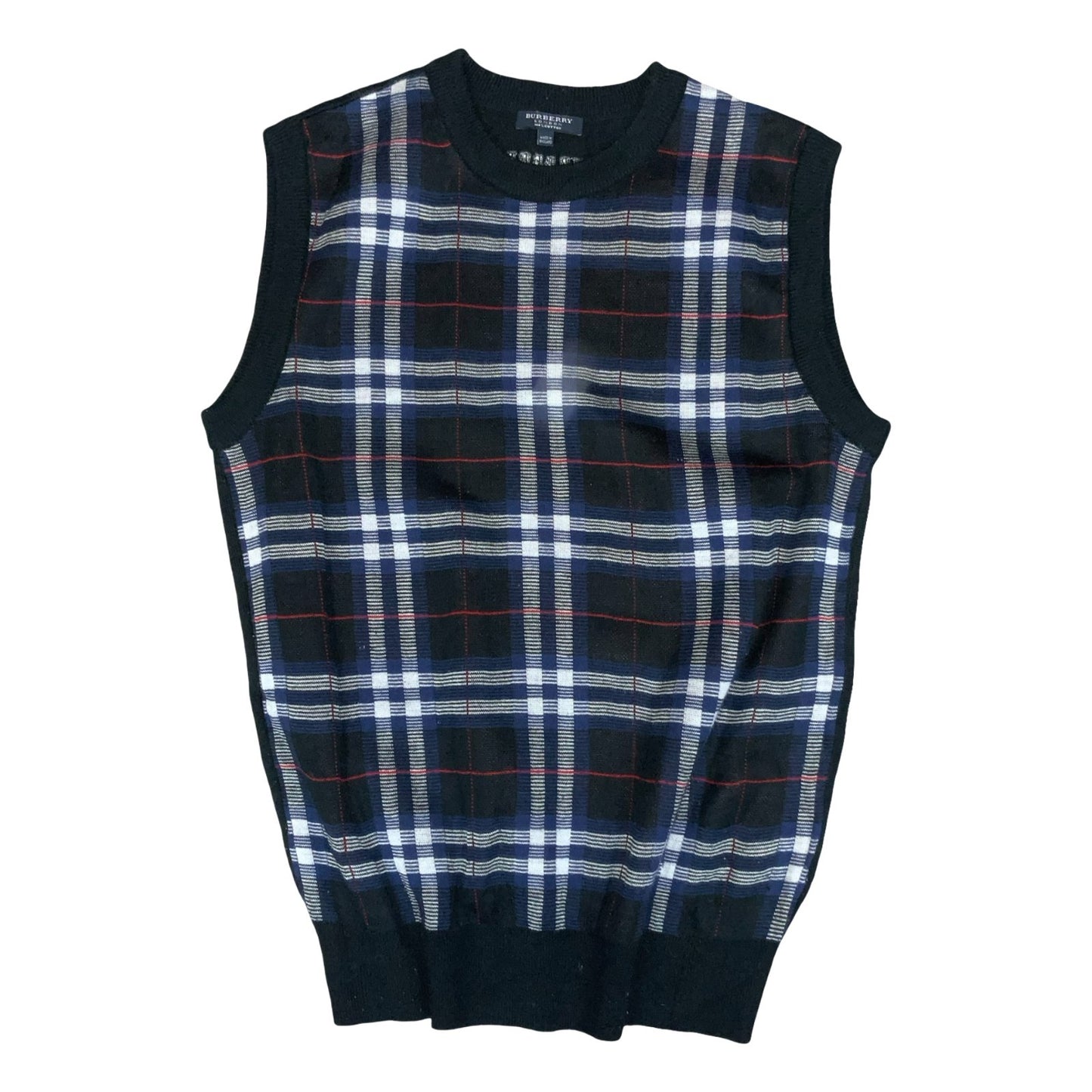 00s 'Burberry London' Black Blue Nova Check Sleeveless Pullover Sweater Vest S