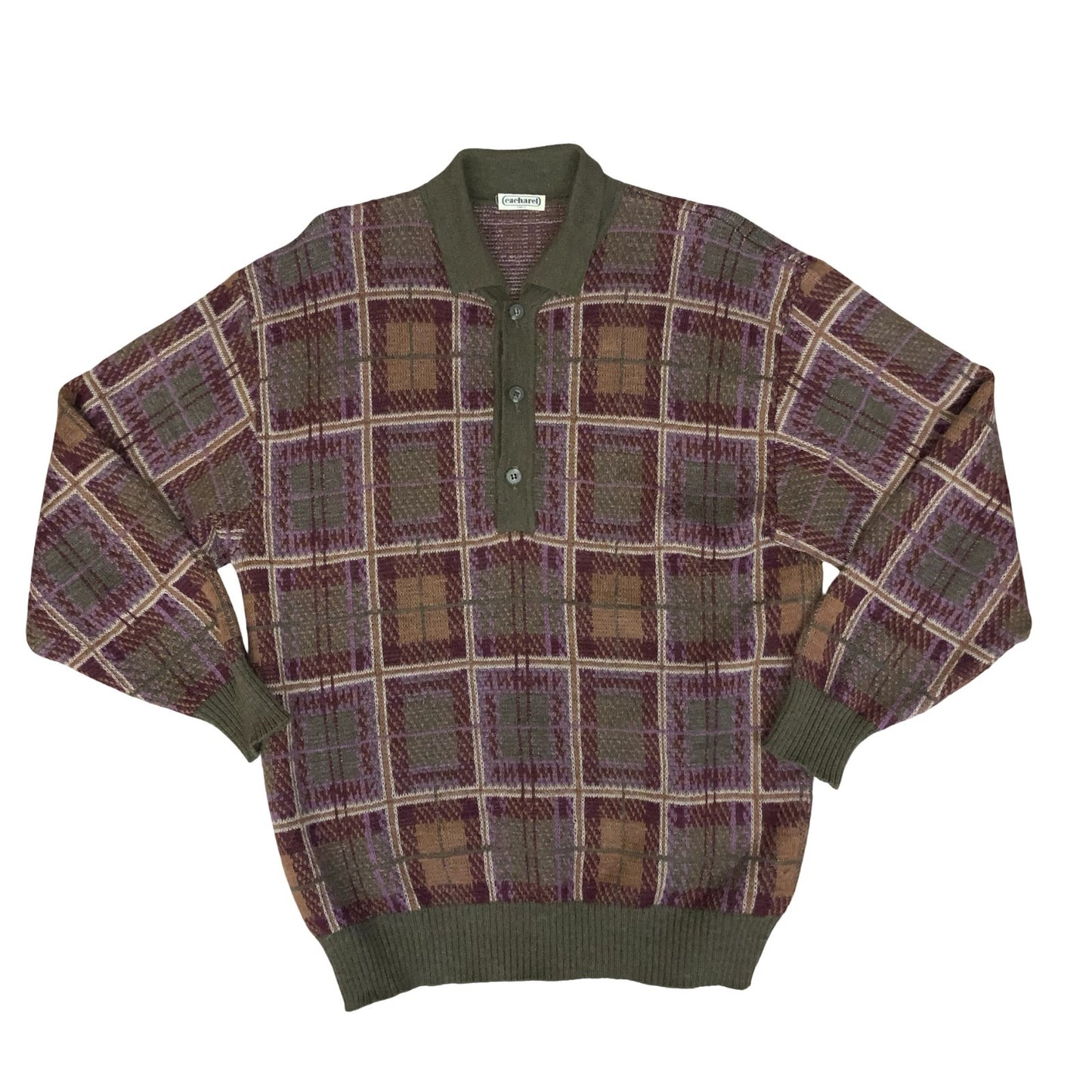 Vtg 80s RARE 'Cacharel Paris' Purple Green Check Pullover Knit Classic Sweater L