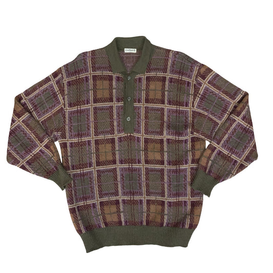 Vtg 80s RARE 'Cacharel Paris' Purple Green Check Pullover Knit Classic Sweater L