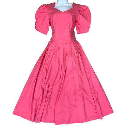 80s 90s 'Laura Ashley' Pink Princess Cut Scalloped Neck Midi Party Dress UK 8/10