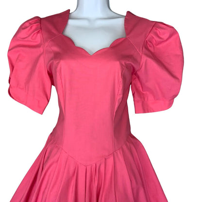 80s 90s 'Laura Ashley' Pink Princess Cut Scalloped Neck Midi Party Dress UK 8/10