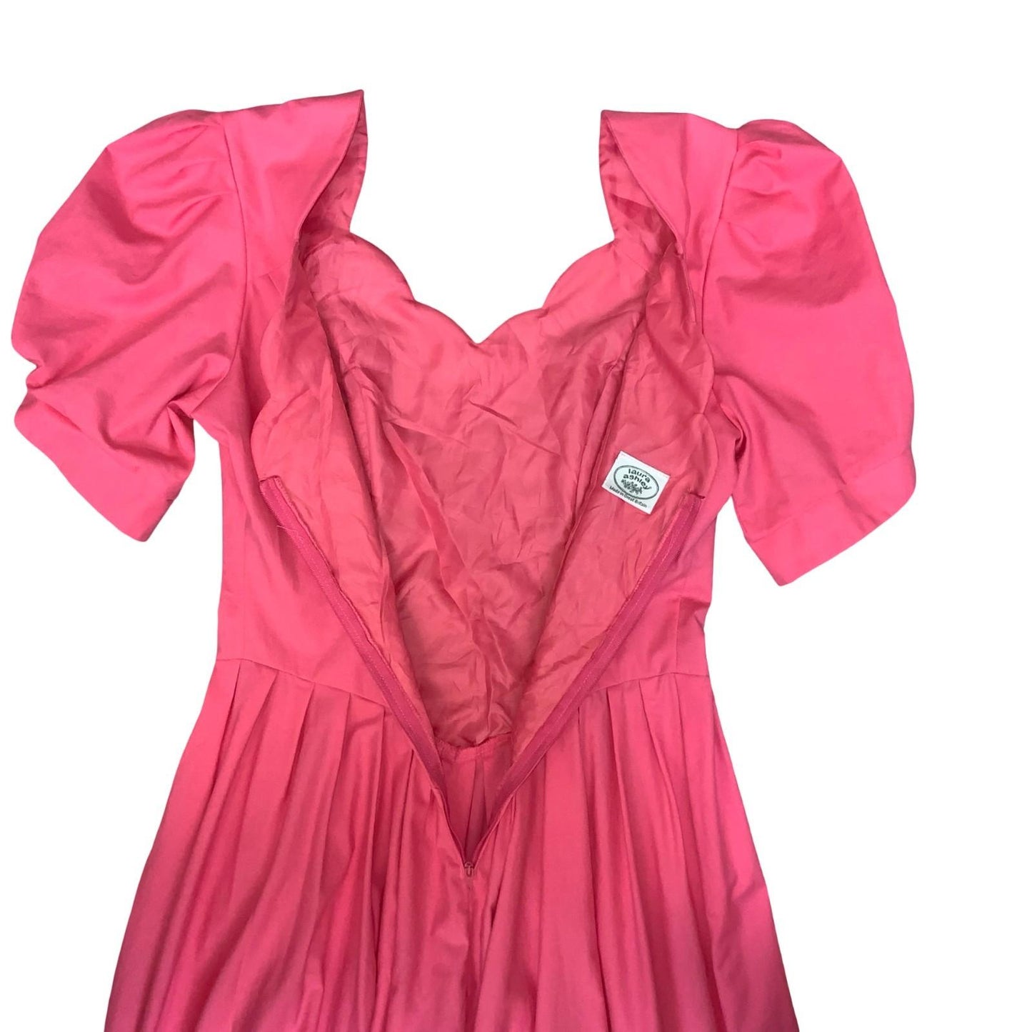 80s 90s 'Laura Ashley' Pink Princess Cut Scalloped Neck Midi Party Dress UK 8/10