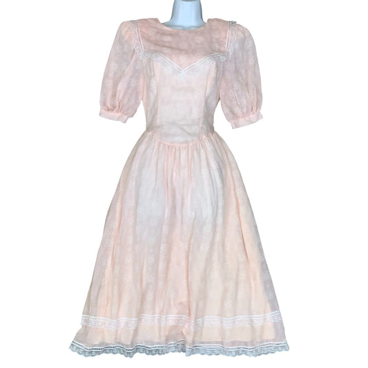 80s 'Gunne Sax' by Jessica McClintock Pink Prairie-Style Lace Party Dress UK 4/6