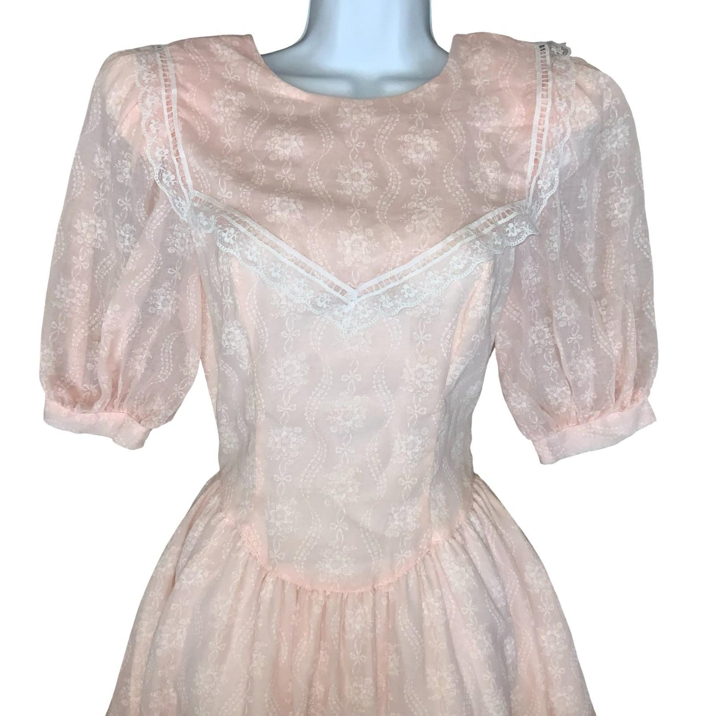 80s 'Gunne Sax' by Jessica McClintock Pink Prairie-Style Lace Party Dress UK 4/6
