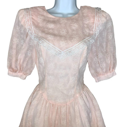 80s 'Gunne Sax' by Jessica McClintock Pink Prairie-Style Lace Party Dress UK 4/6