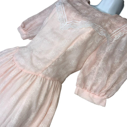 80s 'Gunne Sax' by Jessica McClintock Pink Prairie-Style Lace Party Dress UK 4/6