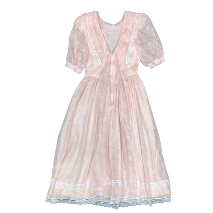 80s 'Gunne Sax' by Jessica McClintock Pink Prairie-Style Lace Party Dress UK 4/6