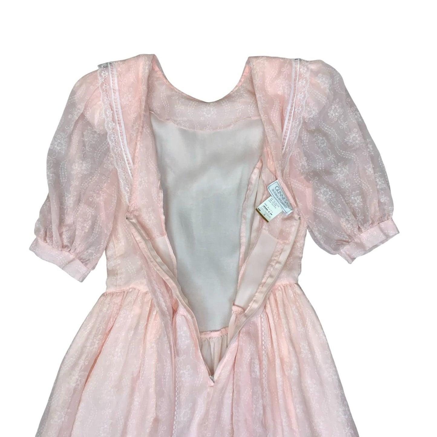80s 'Gunne Sax' by Jessica McClintock Pink Prairie-Style Lace Party Dress UK 4/6