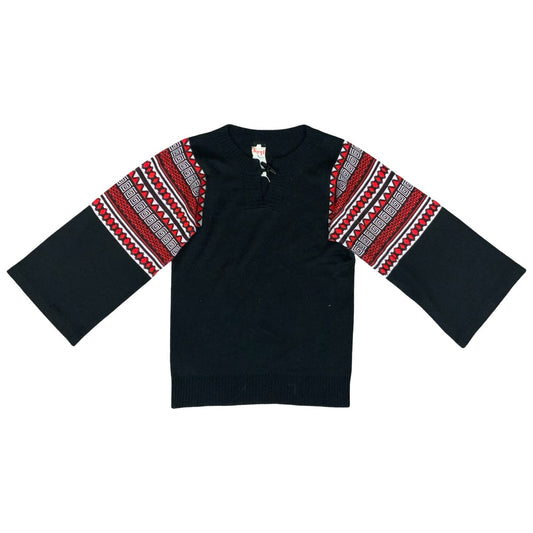 Vtg 97s Black Red Geometric Traditional Folk Retro Bell Sleeve Boho Sweater UK 8