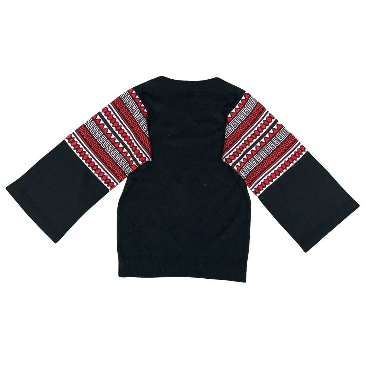 Vtg 97s Black Red Geometric Traditional Folk Retro Bell Sleeve Boho Sweater UK 8