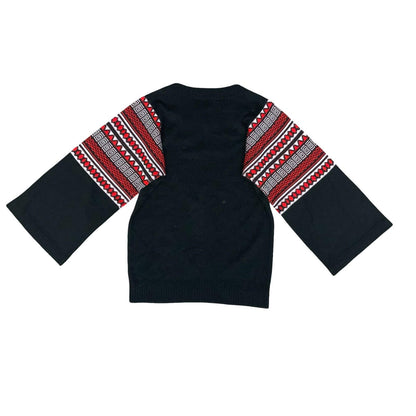 Vtg 97s Black Red Geometric Traditional Folk Retro Bell Sleeve Boho Sweater UK 8
