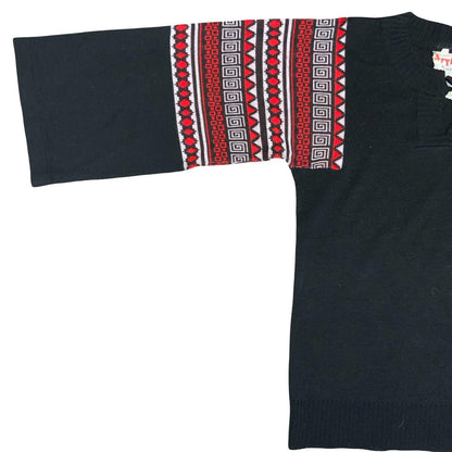 Vtg 97s Black Red Geometric Traditional Folk Retro Bell Sleeve Boho Sweater UK 8