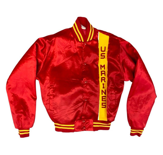 Vtg US Marines Red & Yellow Silky Nylon Bomber Jacket USA Navy Varsity M/L