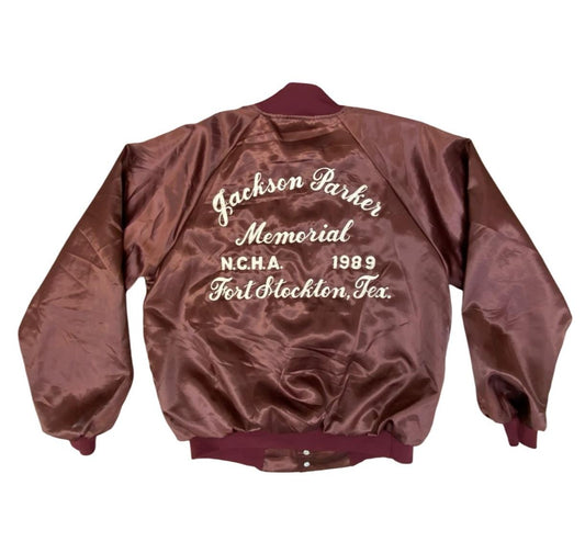 Vtg 1989 USA Jackson Parker Memorial N.C.H.A. Texas Chainstitch silky Jacket L