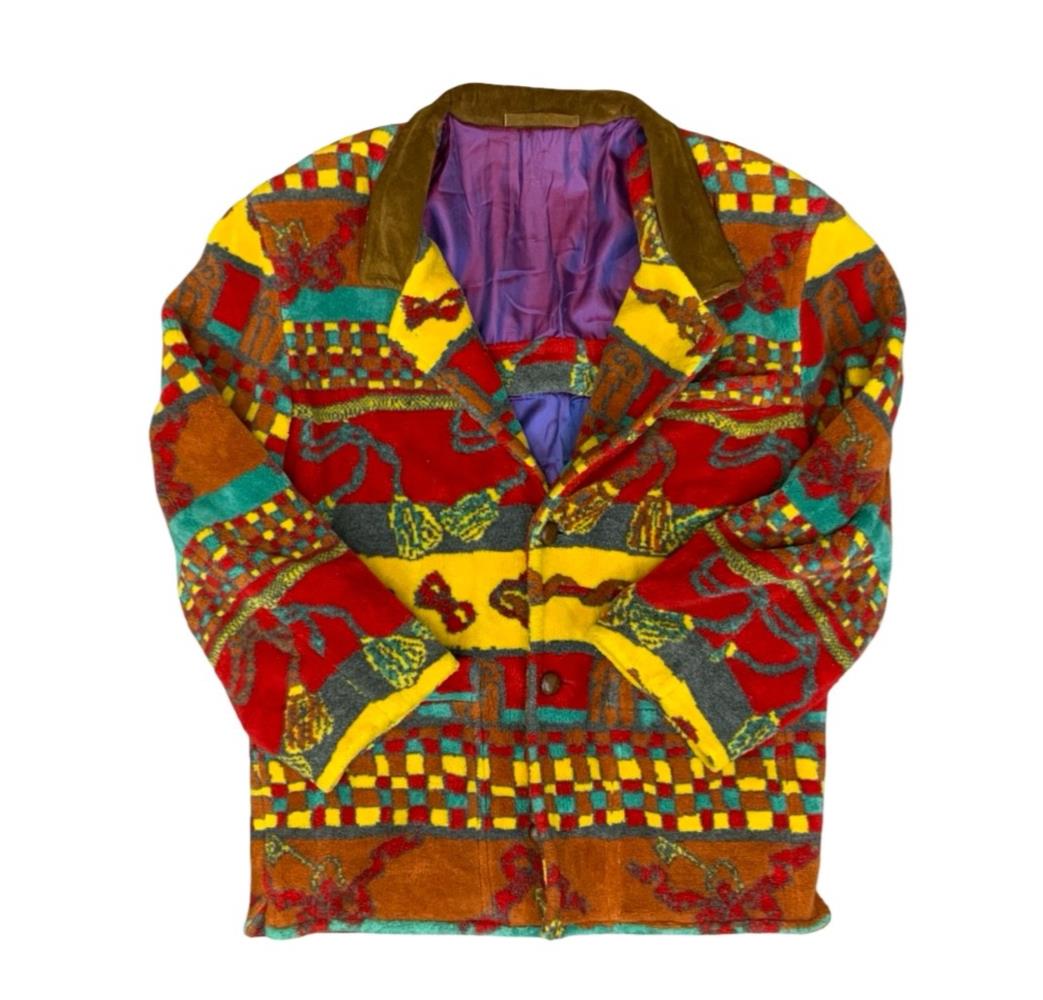 Vtg 90s Italian Mens Fleece Cotton Crazy Pattern Blazer Jacket Multicoloured XL