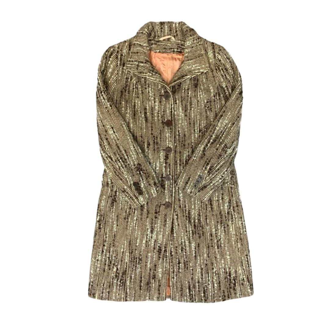 Vtg 1970s Wool Fleck Stripe Long Button Down Lined Winter Coat UK 10