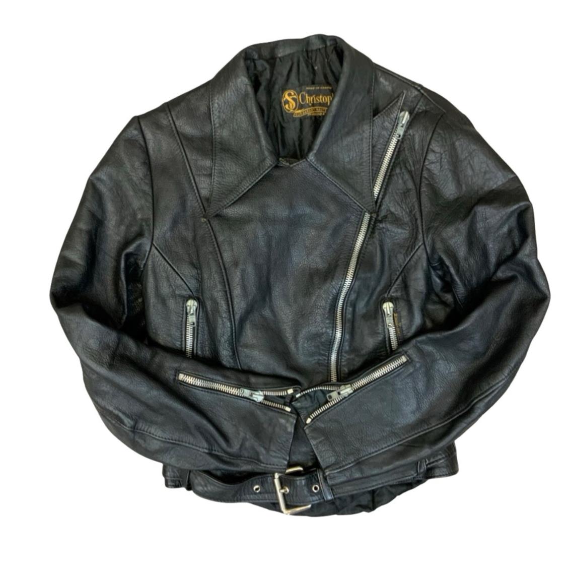 Vtg 1960s Black Ladies French St Christophe Leather Biker Jacket VGC UK 8/10