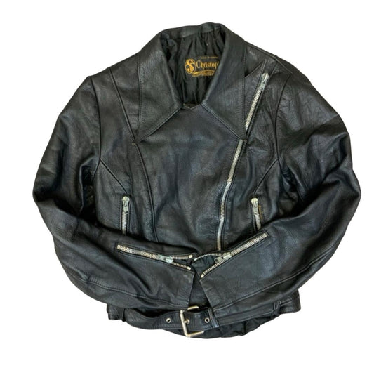 Vtg 1960s Black Ladies French St Christophe Leather Biker Jacket VGC UK 8/10