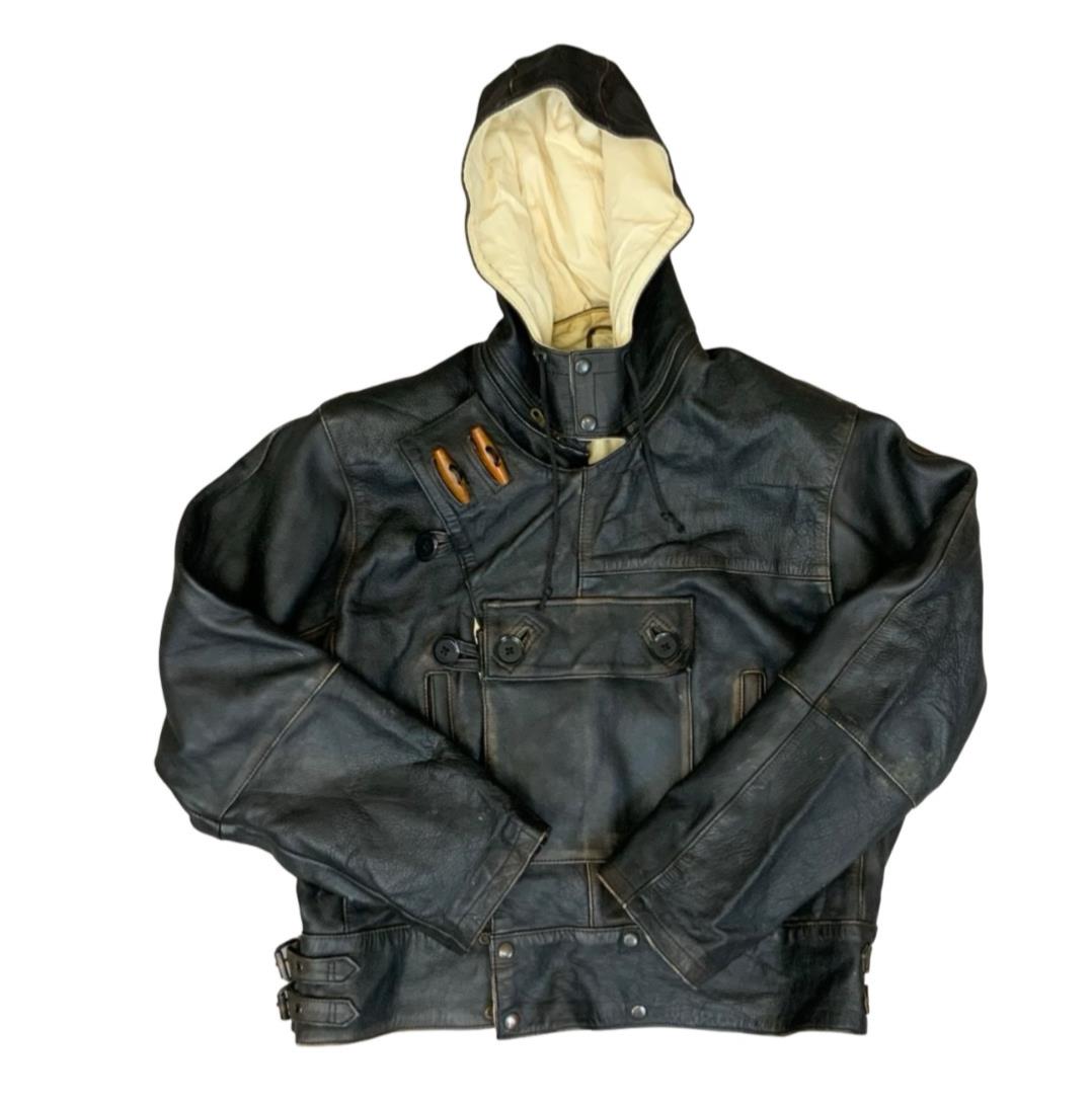 Vtg 90s Black Leather Hooded Leather Jacket Double Breast Toggle Pouch Pocket XL