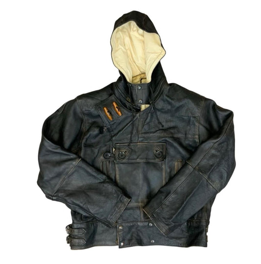 Vtg 90s Black Leather Hooded Leather Jacket Double Breast Toggle Pouch Pocket XL