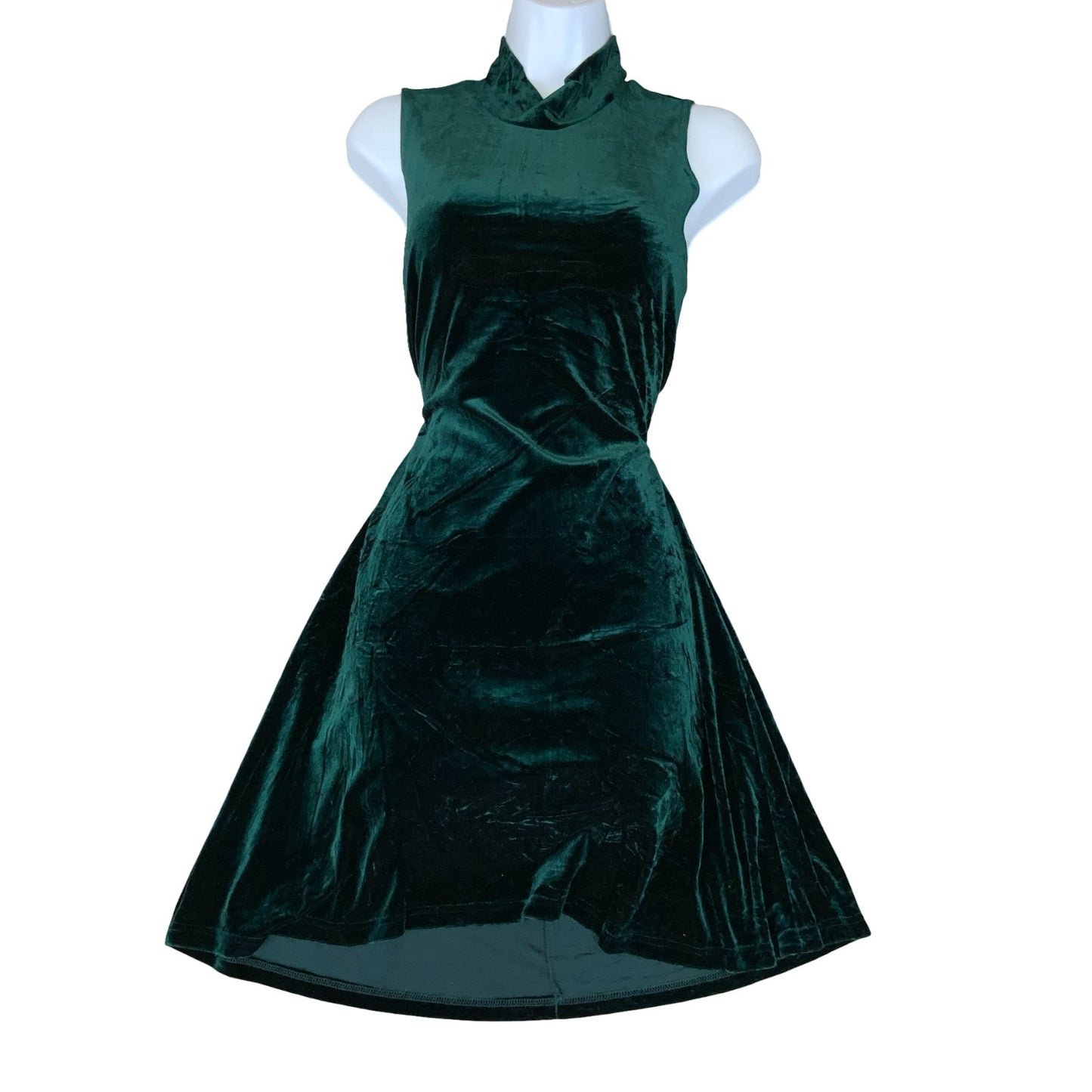 Y2K DJ Int'l Dark Green Velvet High Neck Elegant Mini Skater Party Dress UK 10