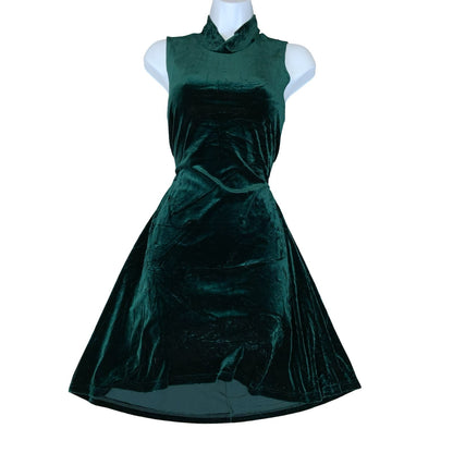 Y2K DJ Int'l Dark Green Velvet High Neck Elegant Mini Skater Party Dress UK 10