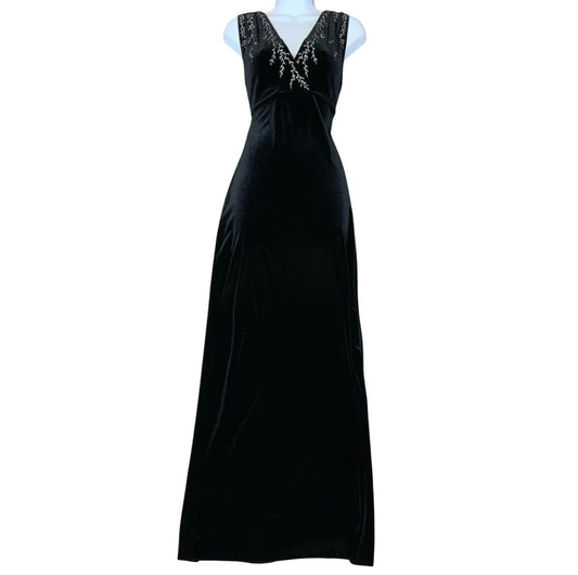 Vtg Y2K 'Reggio' Black Velvet V-Neck Beaded Embroidered Party Maxi Dress UK 8/10
