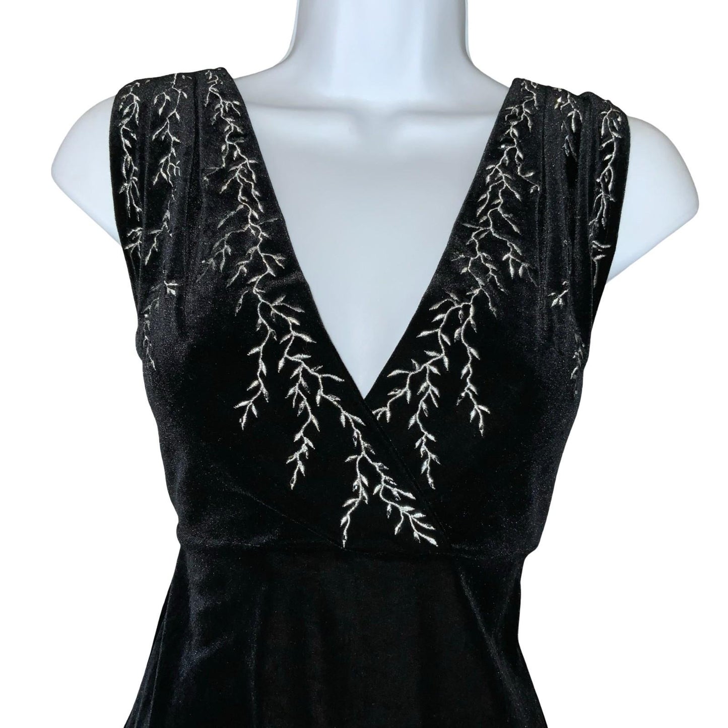Vtg Y2K 'Reggio' Black Velvet V-Neck Beaded Embroidered Party Maxi Dress UK 8/10