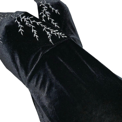 Vtg Y2K 'Reggio' Black Velvet V-Neck Beaded Embroidered Party Maxi Dress UK 8/10