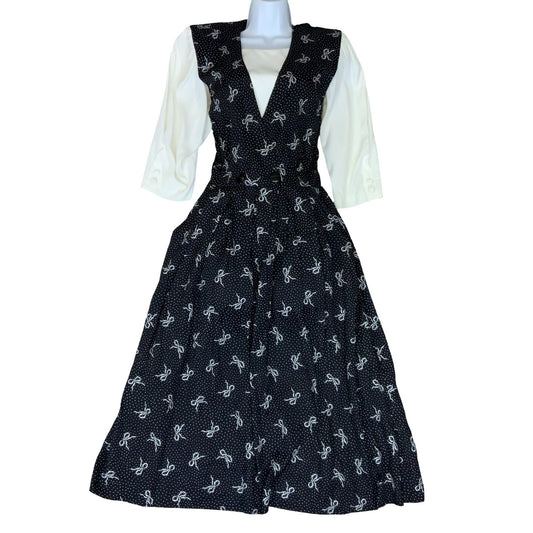 Vtg 80s 90s 'R.J.Stevens' Black White Bow Pattern Cottagecore Midi Dress UK 10