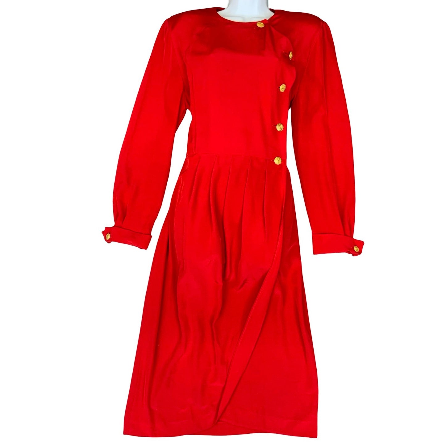 80s 'Luisa Spangoli' Red Elegant Gold Button Winter Evening Dress UK 12/14